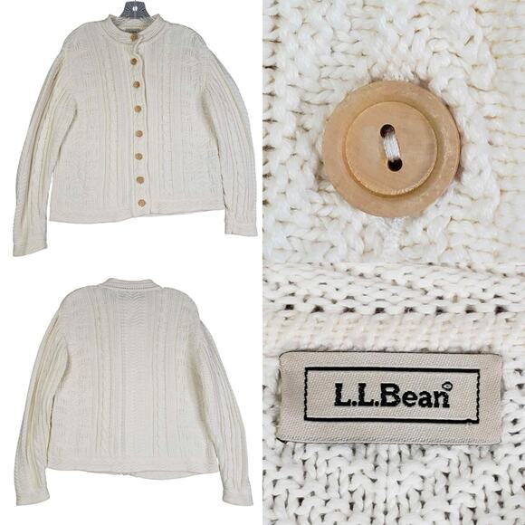 LL Bean Cardigan Womens Size Small S White Knit Button Front Vintage - Picture 1 of 9